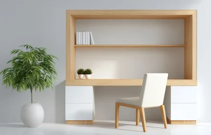 A clean, minimalist home office setup with a built-in desk and organized shelving, providing inspiration for small home office organization ideas.