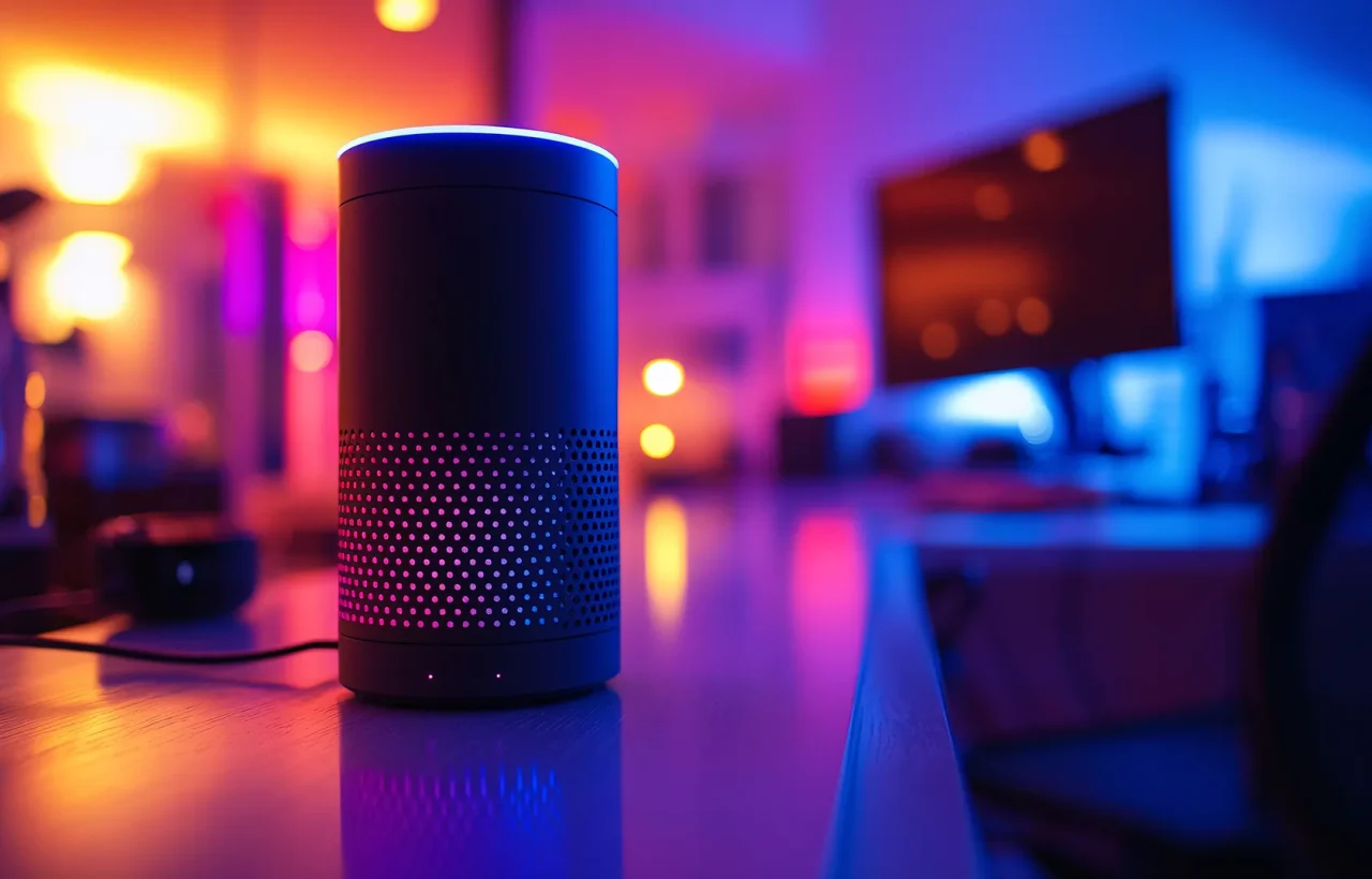 A smart speaker with a glowing light sits on a desk in a room lit with vibrant pink and blue LED lights.