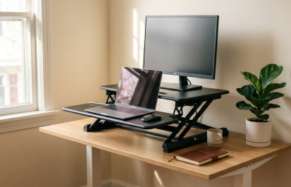 Budget standing desk converter in a home office with laptop and monitor setup, natural lighting