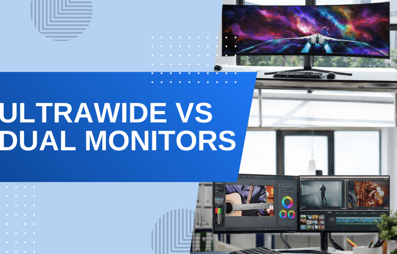 A comparison thumbnail titled "Ultrawide vs Dual Monitors" showing a curved ultrawide gaming monitor on top and a professional dual-monitor video editing setup on the bottom.